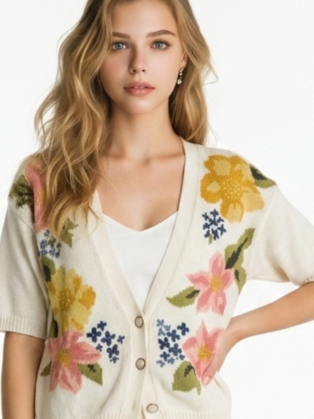Floral Short-Sleeve Cardigan Sweater in Cream